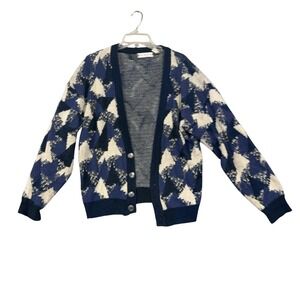Saturdays Vintage Cardigan Sweater Unisex Small Blue Geometric Button Knit